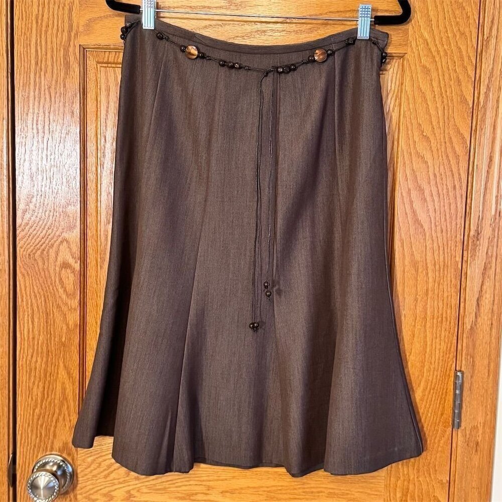 Dressbarn Women's Brown A-Line Skirt w/ Beaded Belt Size 12 Casual Career Wear